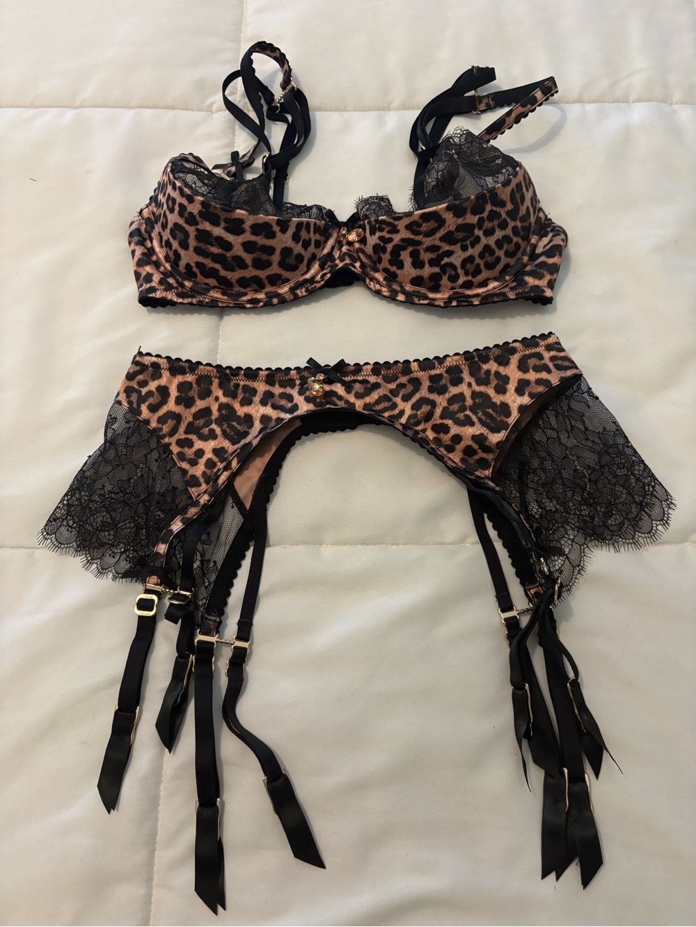 Honey Birdette Leopard Print Lace Bra & Garter Set with thong - Black & Tan